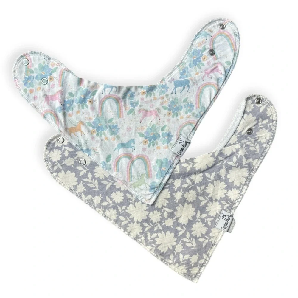 Copper Pearl Baby Bandana Bibs 2 Pack Unicorn Rainbow Floral Grey White Snaps